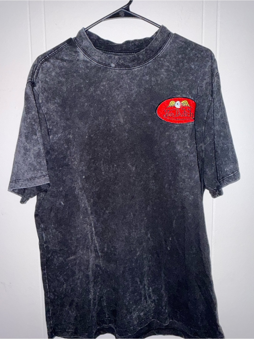 Von Dutch Black Mineral-Wash Short Sleeve Tee with Red Patch